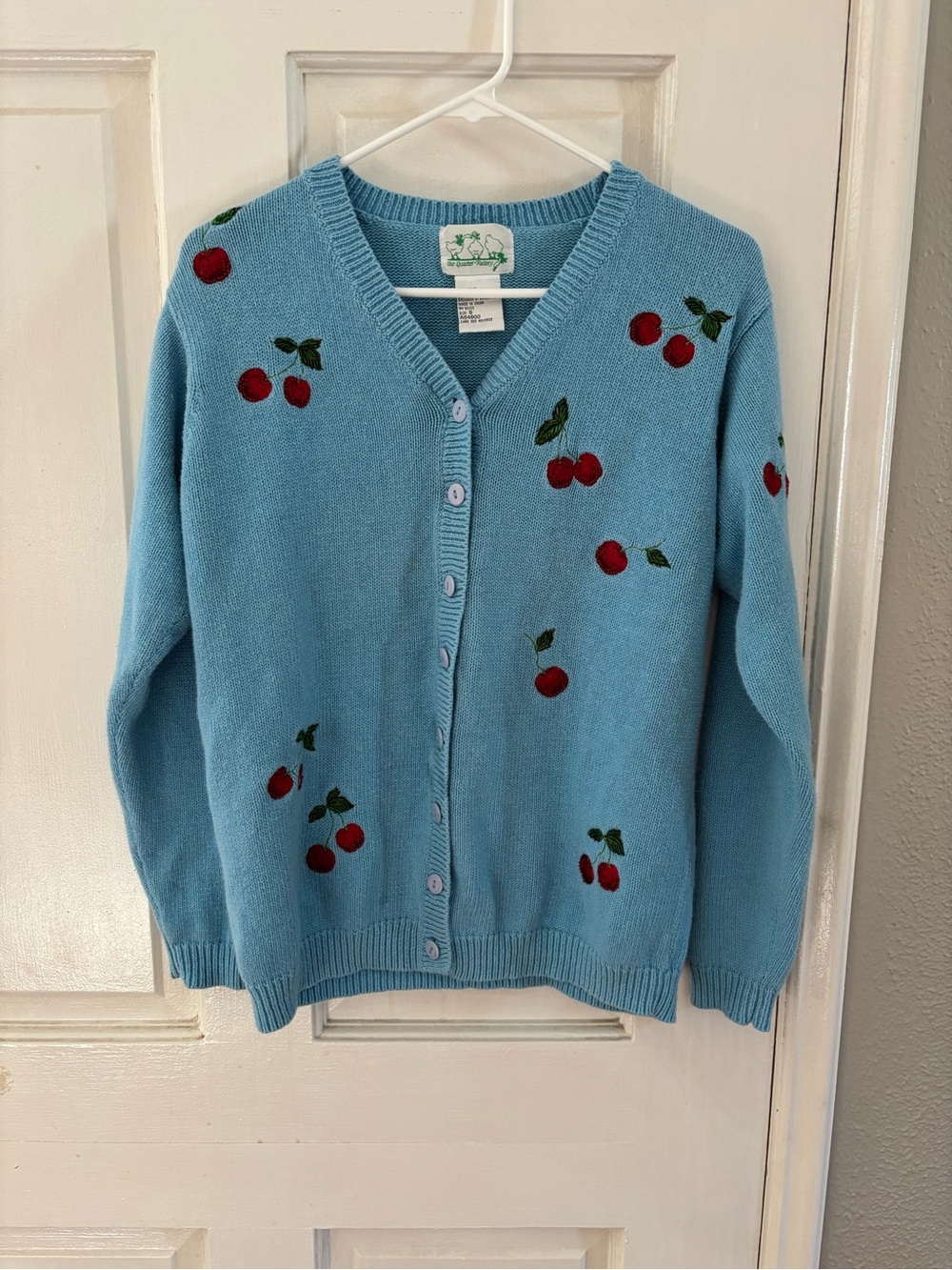 The Quacker Factory Women’s Cardigan Sweater Embroidered Cherries Blue S A64800